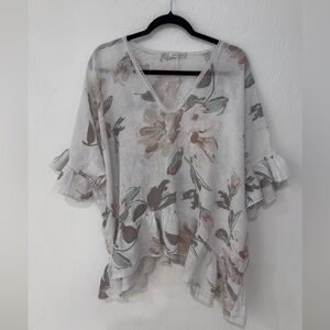 Elegant Floral V-Neck Blouse with Ruffle Sleeves